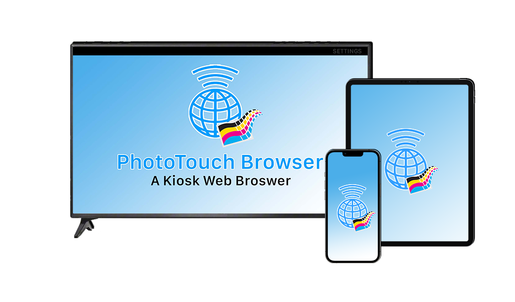 PhotoTouch Browser displayed on a television, iPhone, and iPad